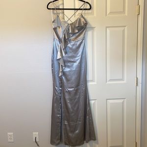City Goddess asymmetric silver evening gown